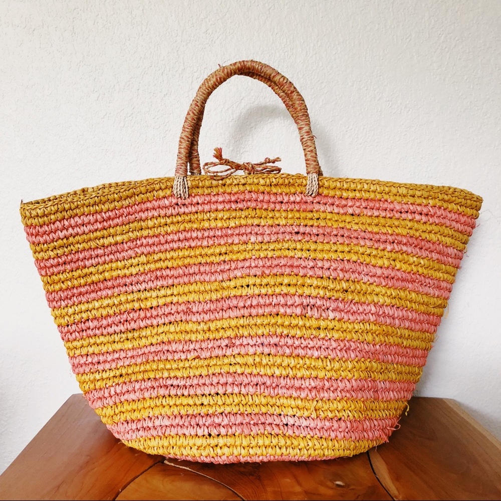 Flora Bella Pink Yellow Rattan Woven Tote Bag